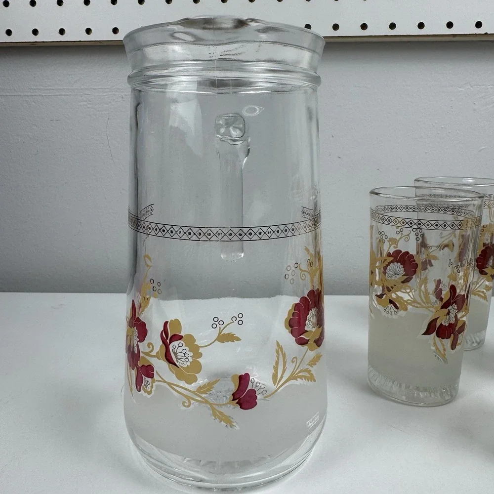 Vtg Cerve Italian frosted‎ floral glass pitcher Set 4 glasses MCM Regency Boho